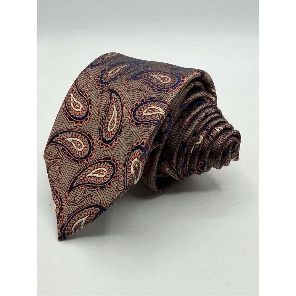 Jos. A. Bank Reserve Silk Tie Taupe Navy Copper Paisley Herringbone Necktie